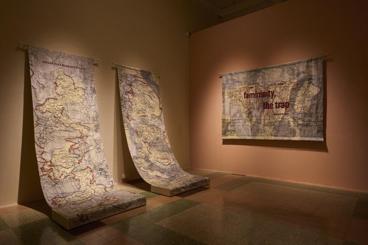  Linen and hemp panels, held together with kantha, that trace the journeys of six women travellers